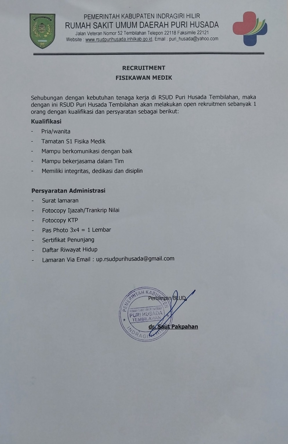 Recruitment Tenaga Fisikawan Medik